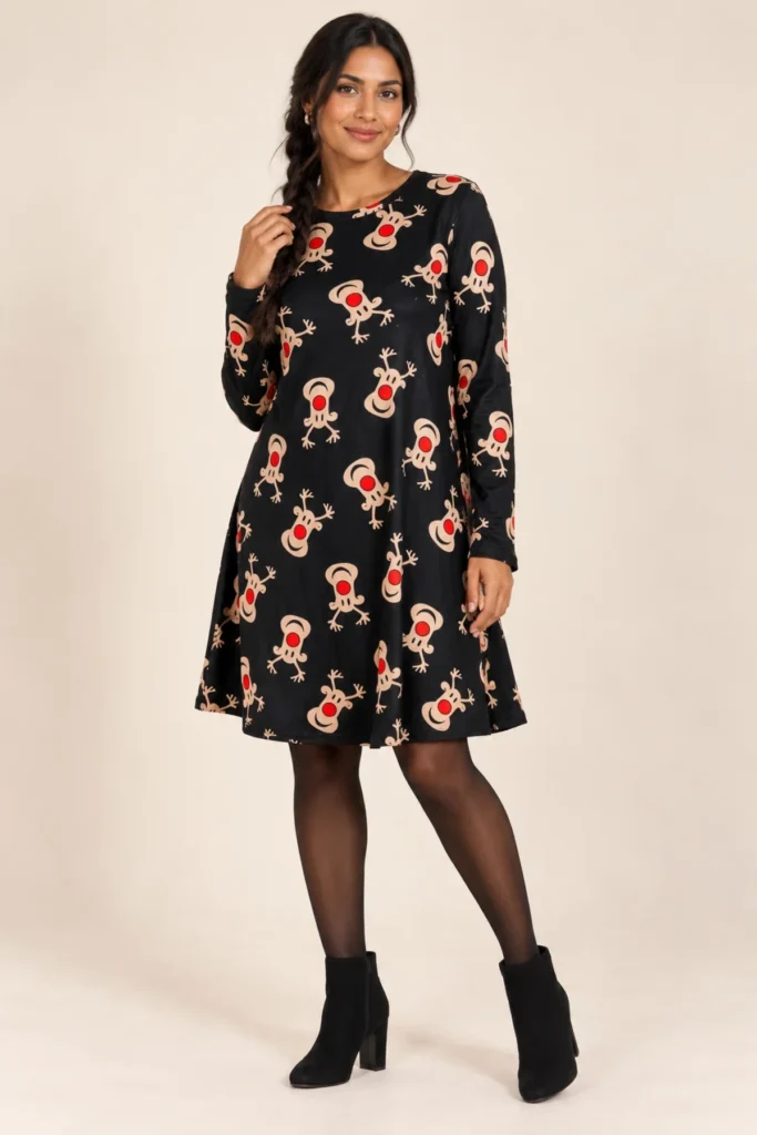 Raindeer Face Print Xmas Swing Dress