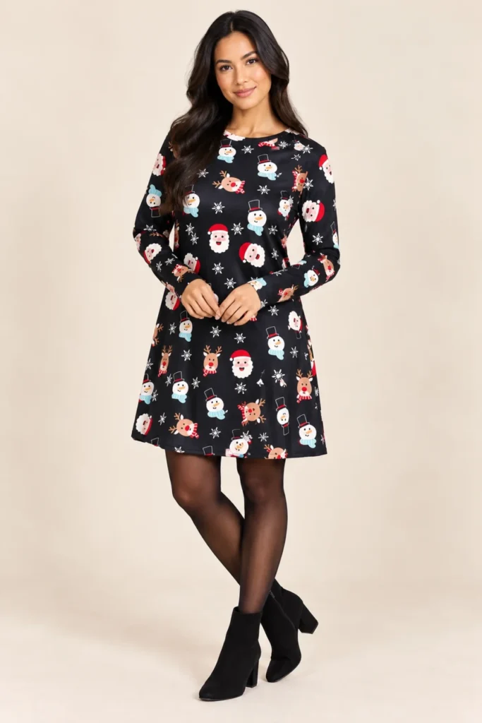 Santa Snowman Face Xmas Swing Dress