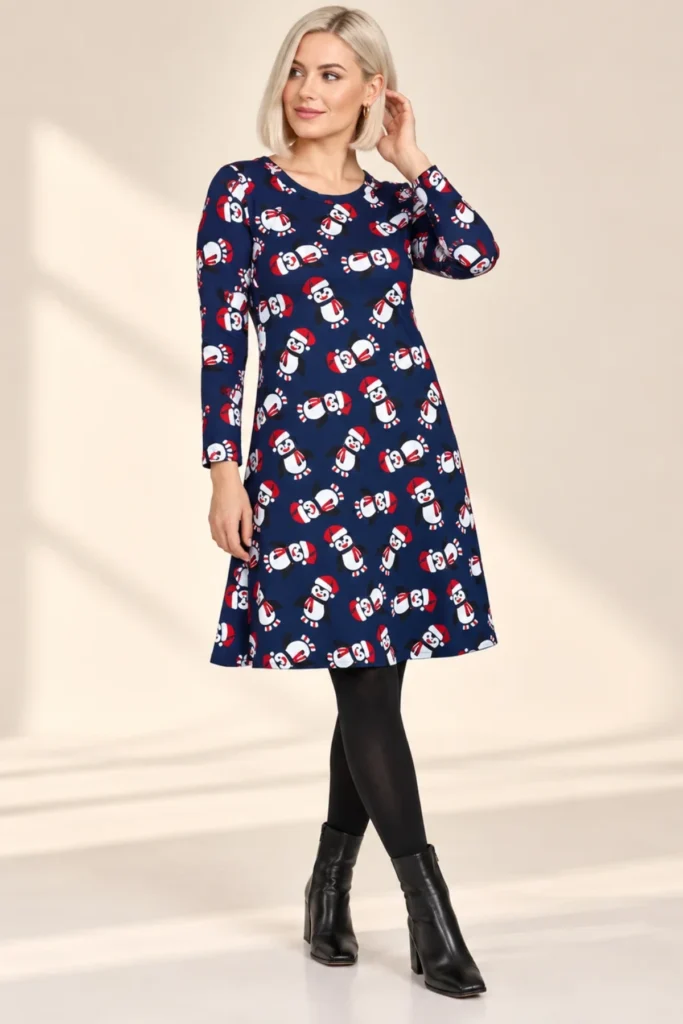 Santa Hat Penguin Xmas Swing Dress