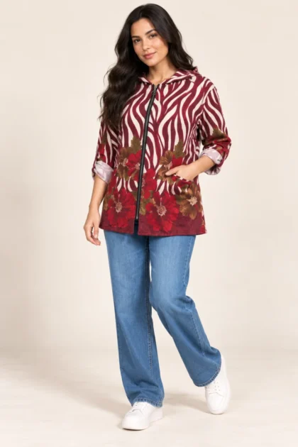 Womens Casual Floral Print Hooded Cotton Jacket