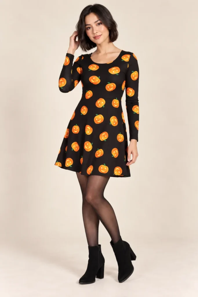 Face Pumpkins Print Halloween Dress