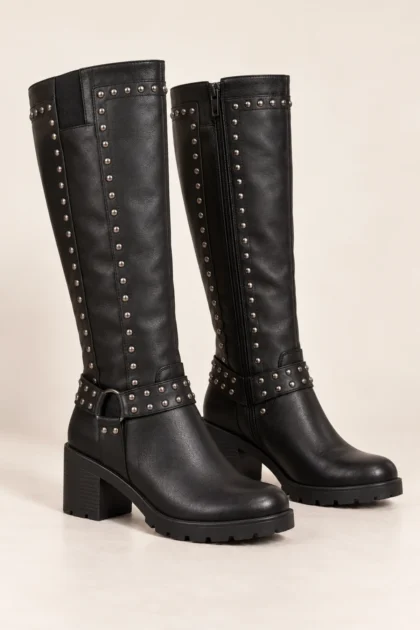 Stud Detail Side Zip Knee High Boot