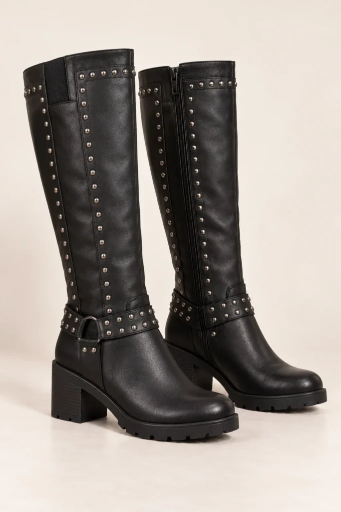 Stud Detail Side Zip Knee High Boot
