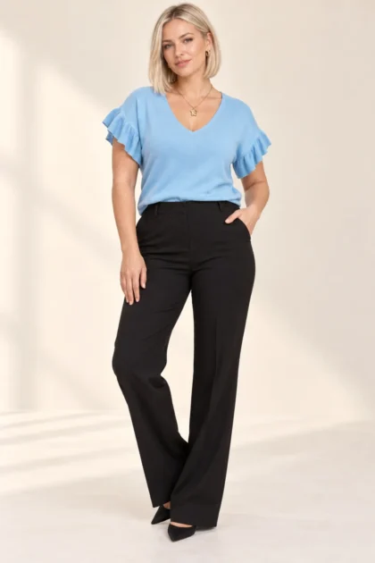 Plain V Neck Womens Knitted Top with Frill Sleeves