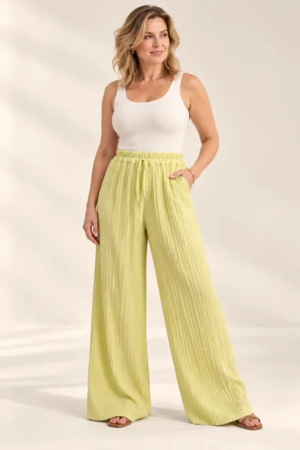 Plain Pleated Wide Leg Trousers with Elasticated Waistband