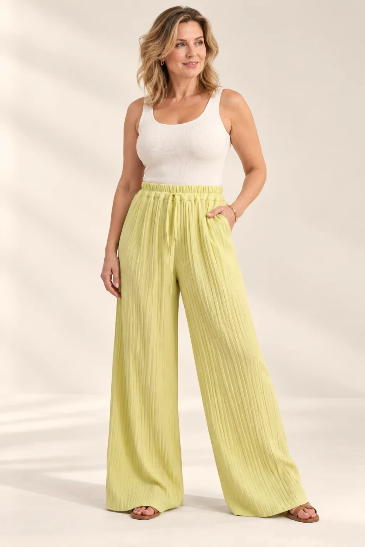 Plain Pleated Wide Leg Trousers with Elasticated Waistband