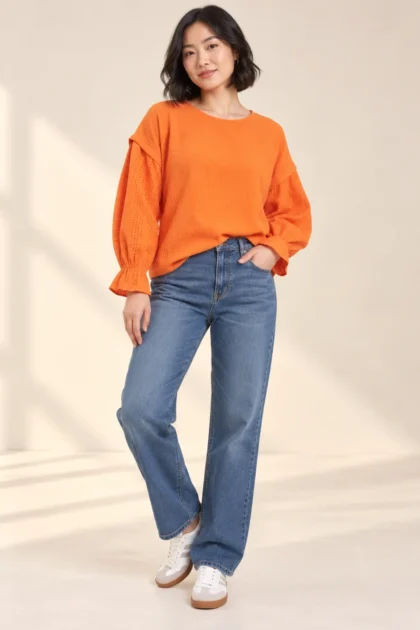 Womens Cotton Puff Sleeve Top with Relaxed Fit