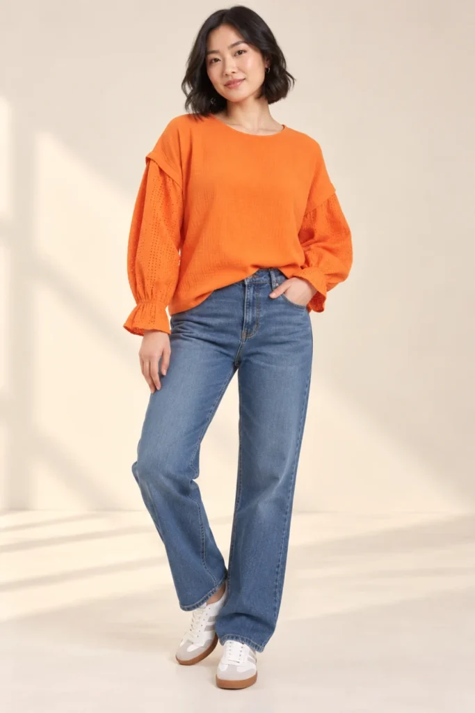 Womens Cotton Puff Sleeve Top with Relaxed Fit