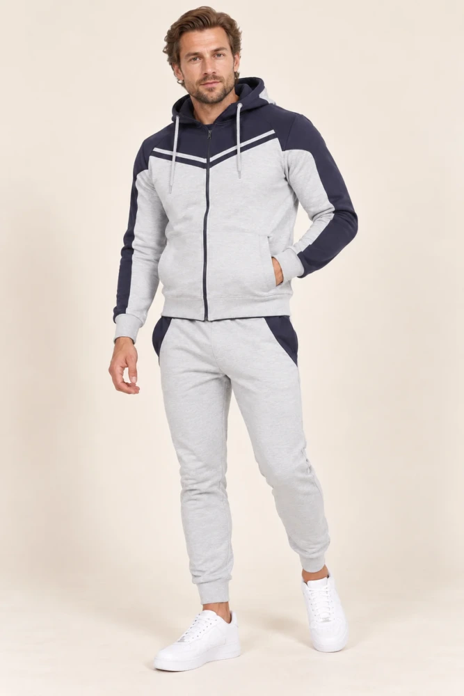 V Panelled Mens Fleece Tracksuit with Zip Hoodie
