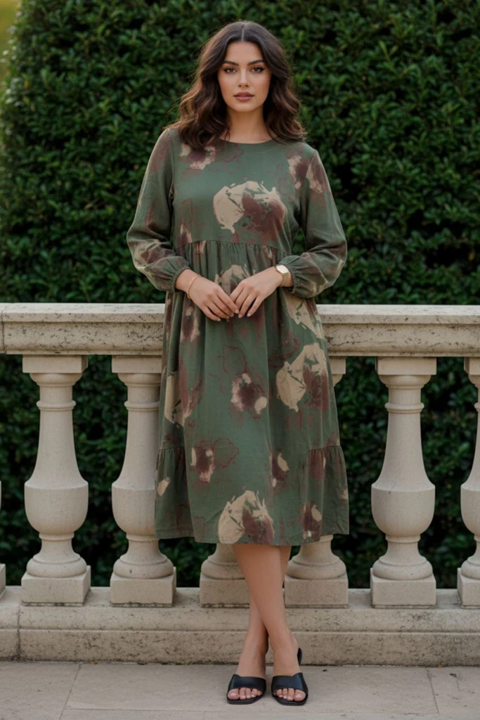 Abstract Floral Print Long Sleeve Dress