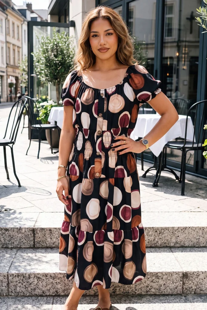 Abstract Print Shirred Midi Dress