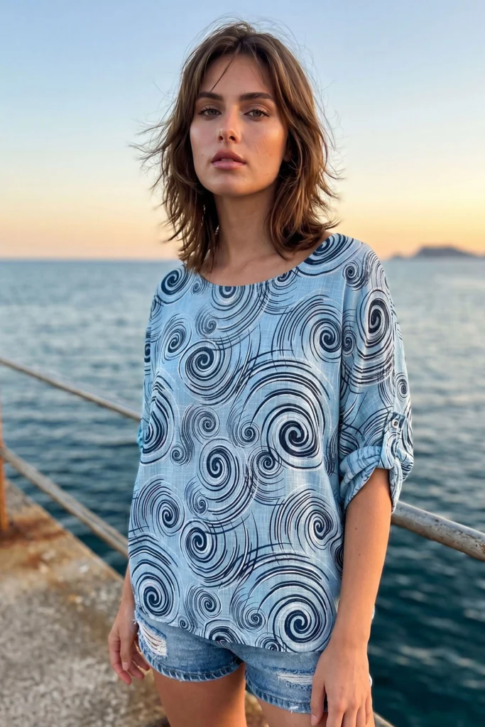 Abstract Swirl Print Cotton Tunic Top