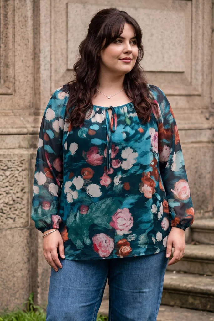 Brush Stroke Print Top Long Sleeve Tunic