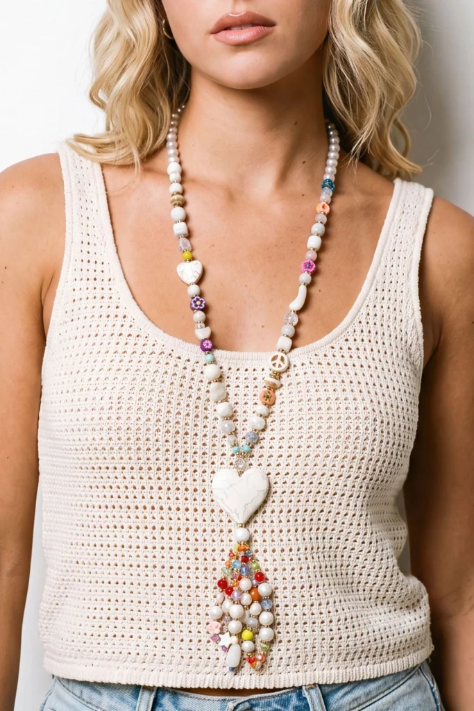 Colourful Multi Beaded Heart Tassel Necklace