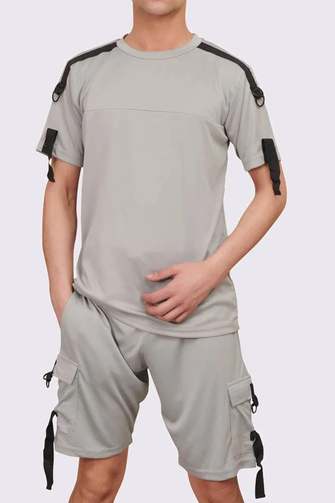 Contrast Panel Short Sleeve Shorts Set with Pocket Detail