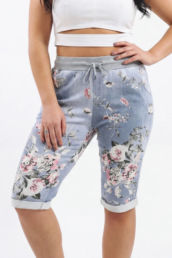 Cotton Floral Print 3/4 Trousers with Drawstring Waist