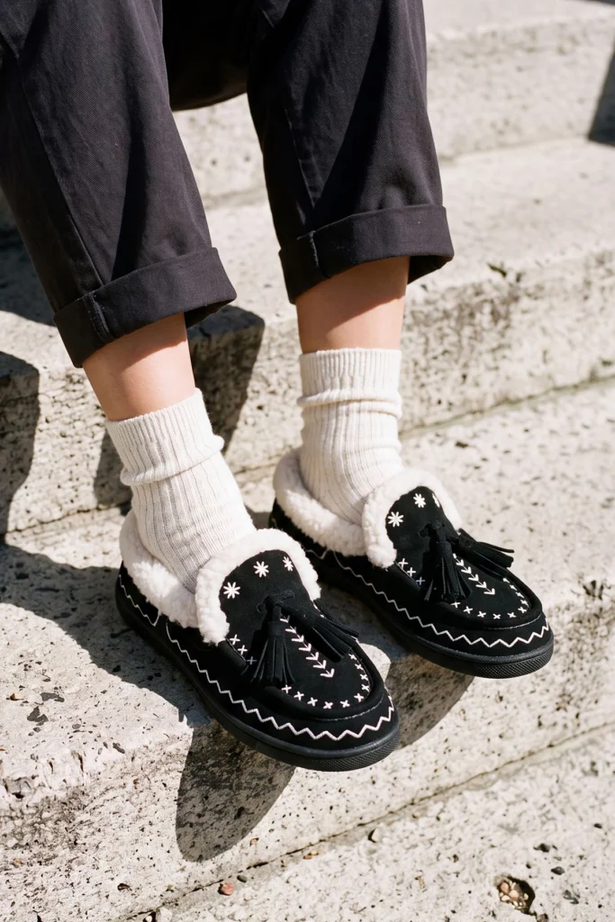 Embroidered Fluffy Trim Tassel Mules