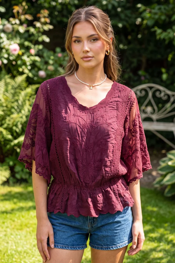 Embroidered Shirred Waist Casual Cotton Top