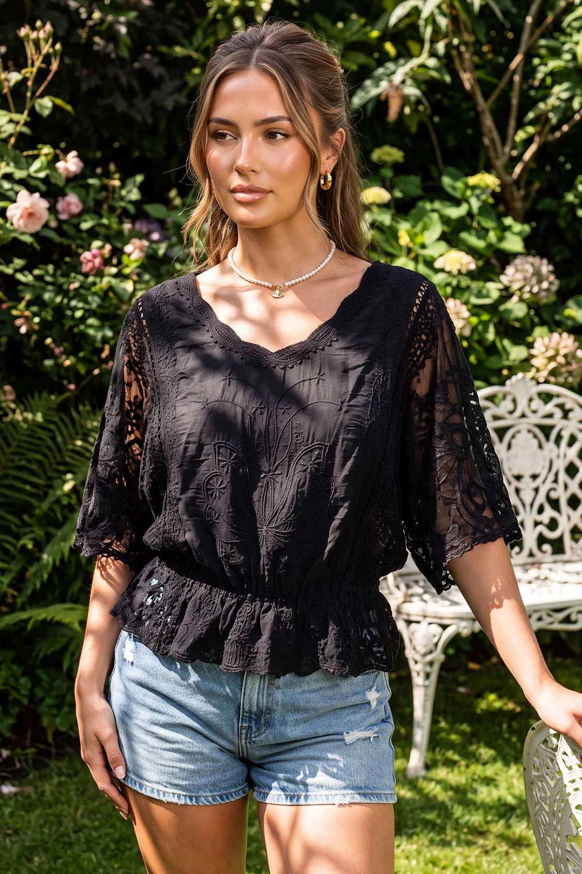 Embroidered Shirred Waist Casual Cotton Top