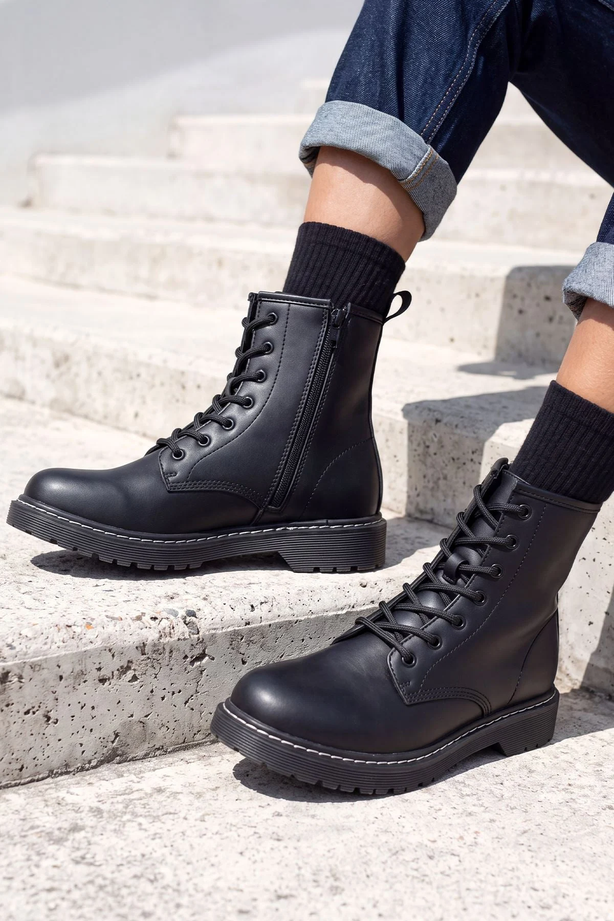 Faux Leather Look Plain Laces Boot