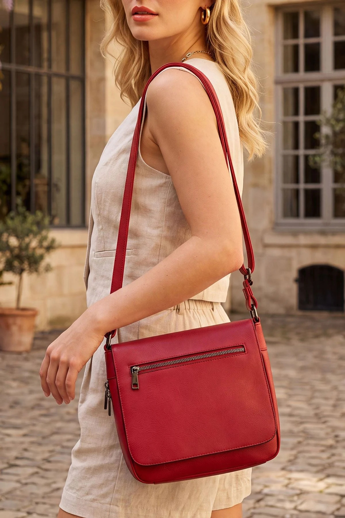 Flap Closure Zip Pocket Adjustable Strap Crossbody Bag