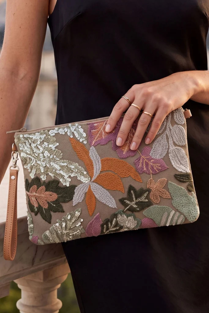 Floral Embroidered Sequin Clutch Bag