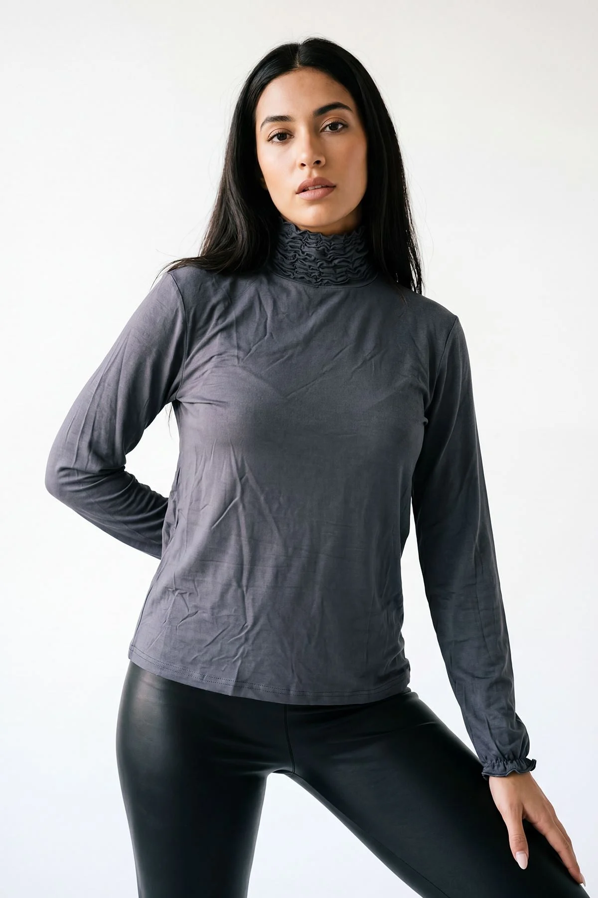 Frilly Ruched High Neck Top with Long Sleeves