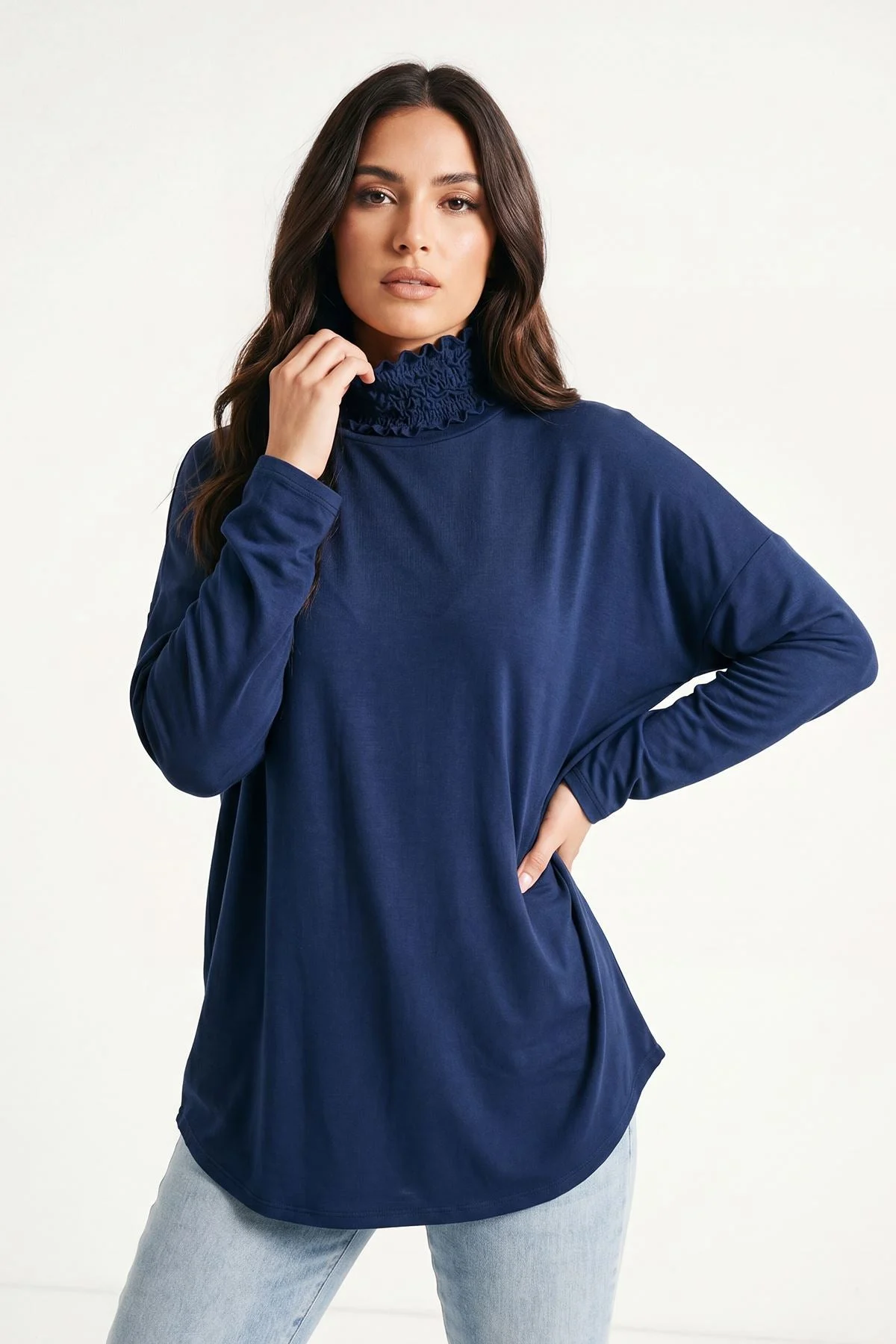 Frilly Ruched High Neck Top with Long Sleeves