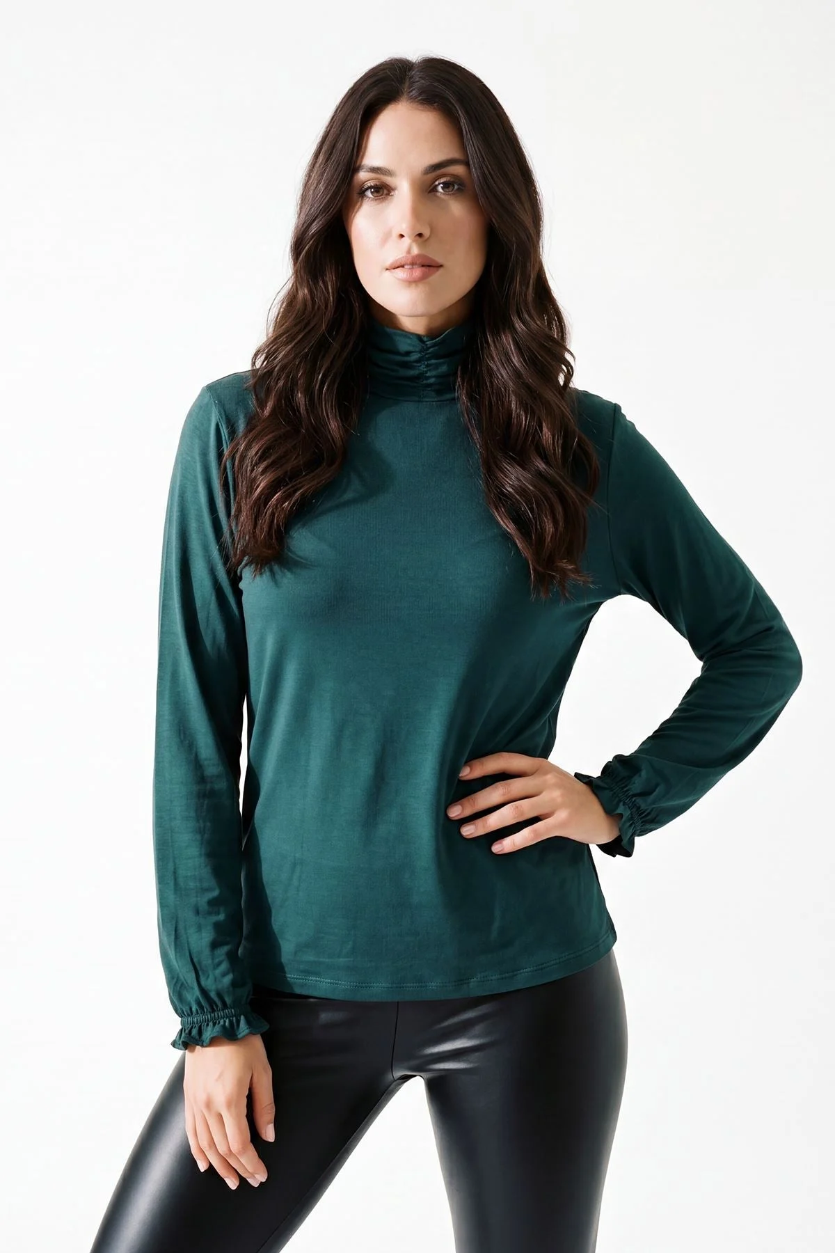 Frilly Ruched High Neck Top with Long Sleeves