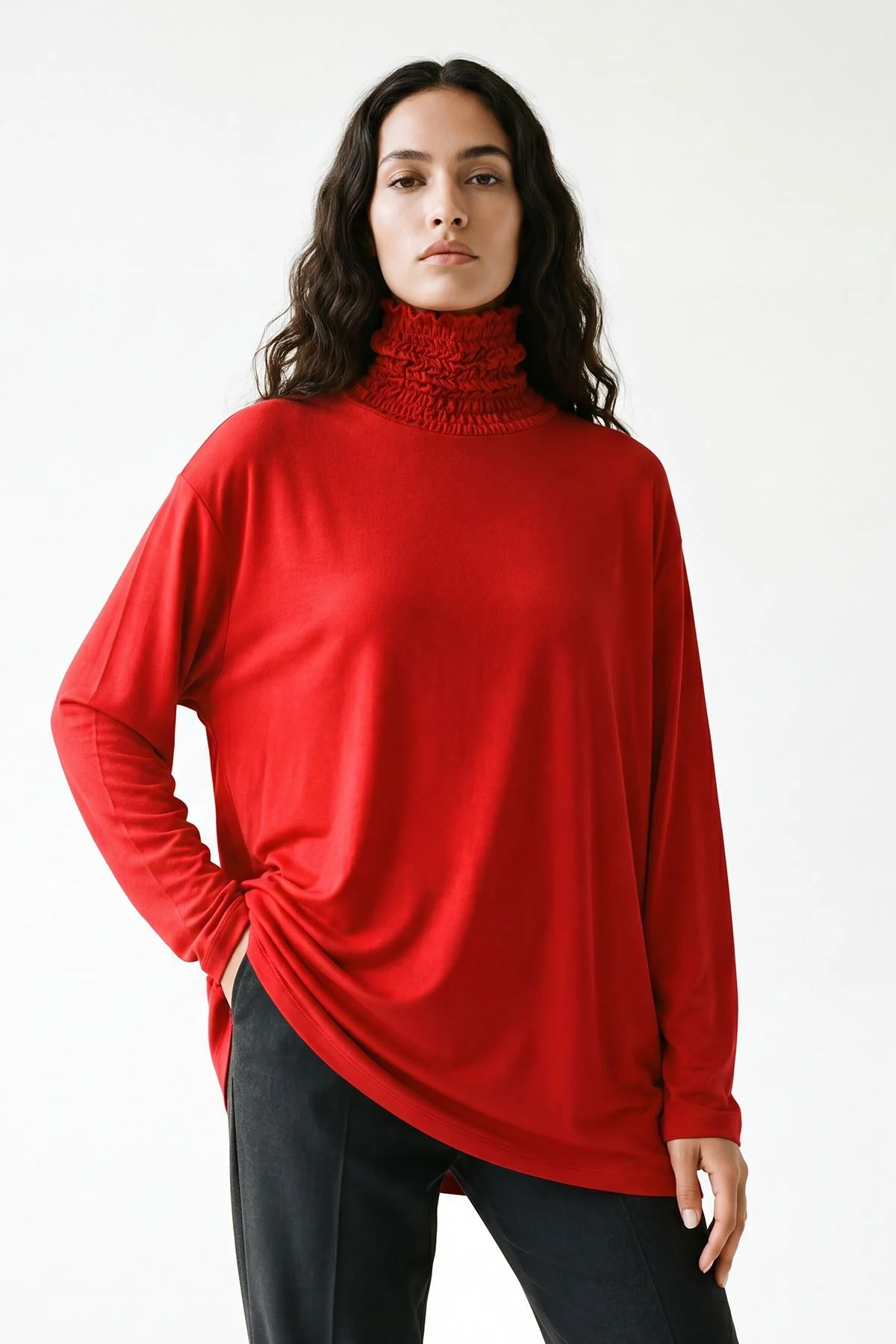 Frilly Ruched High Neck Top with Long Sleeves