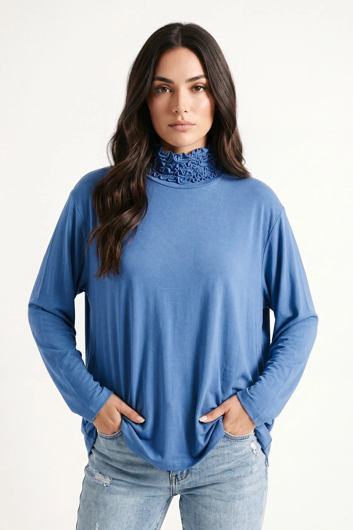 Frilly Ruched High Neck Top with Long Sleeves