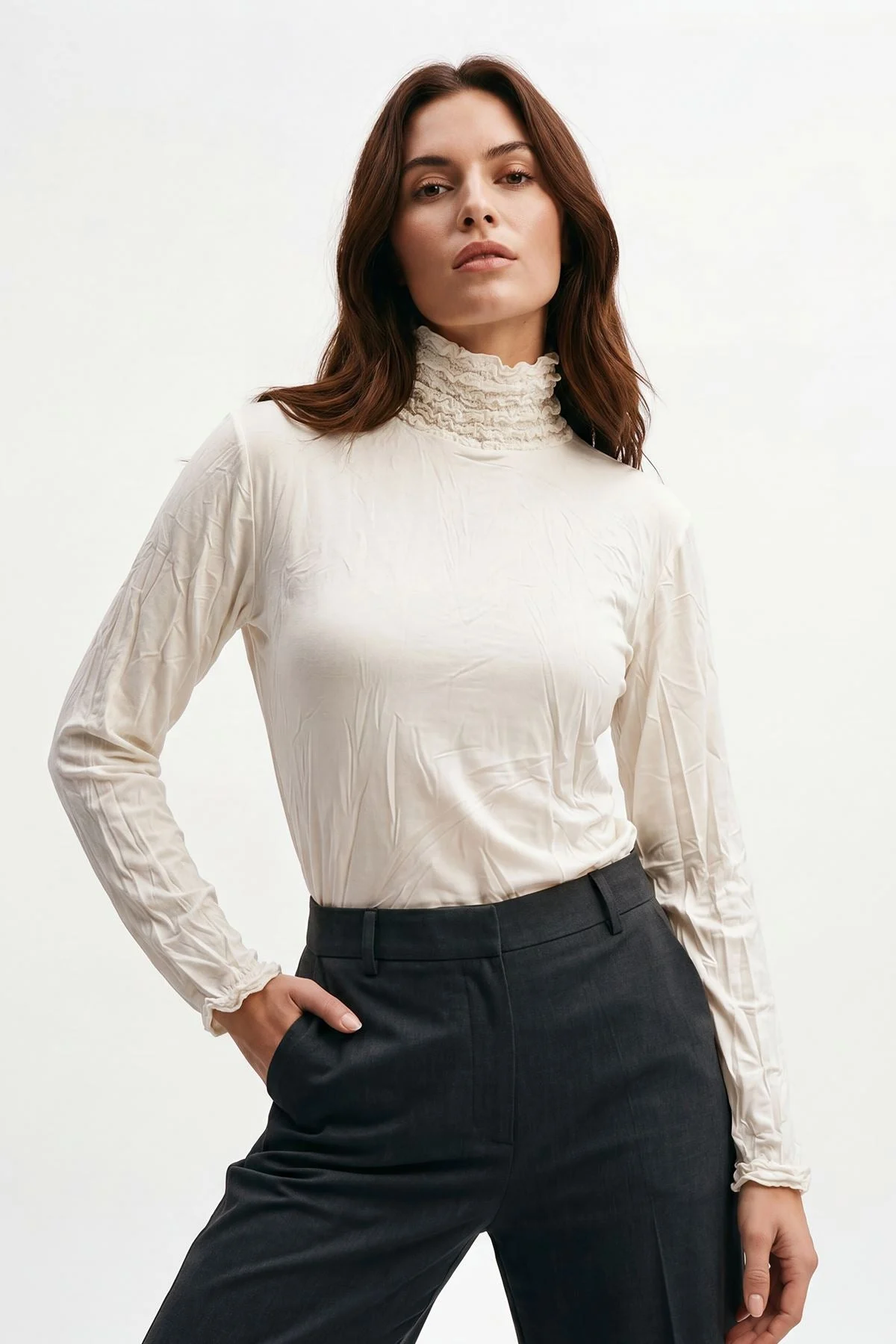 Frilly Ruched High Neck Top with Long Sleeves