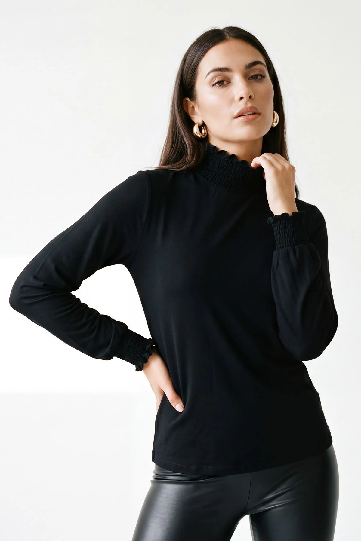Frilly Ruched High Neck Top with Long Sleeves
