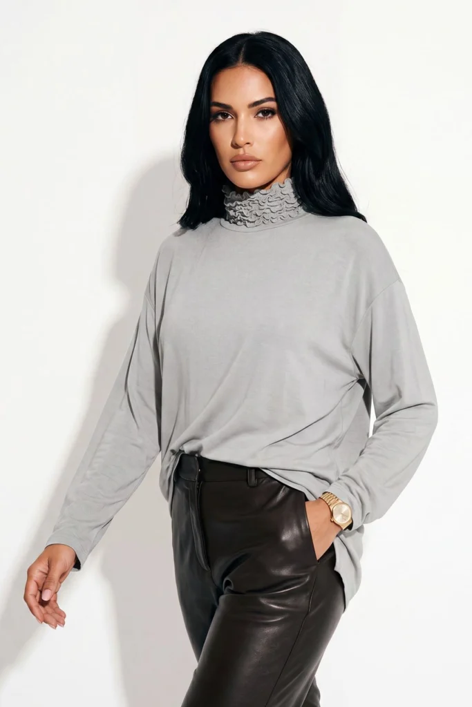 Frilly Ruched High Neck Top with Long Sleeves