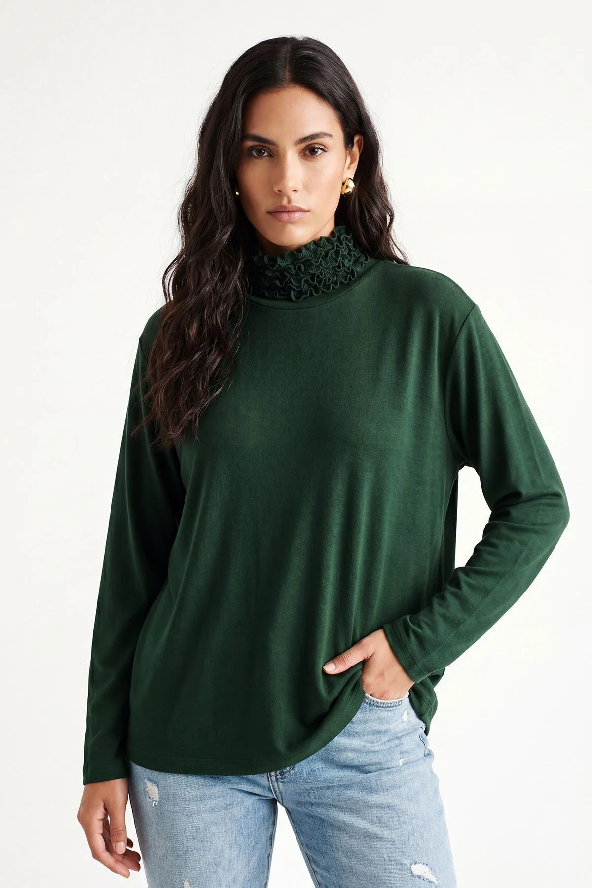 Frilly Ruched High Neck Top with Long Sleeves