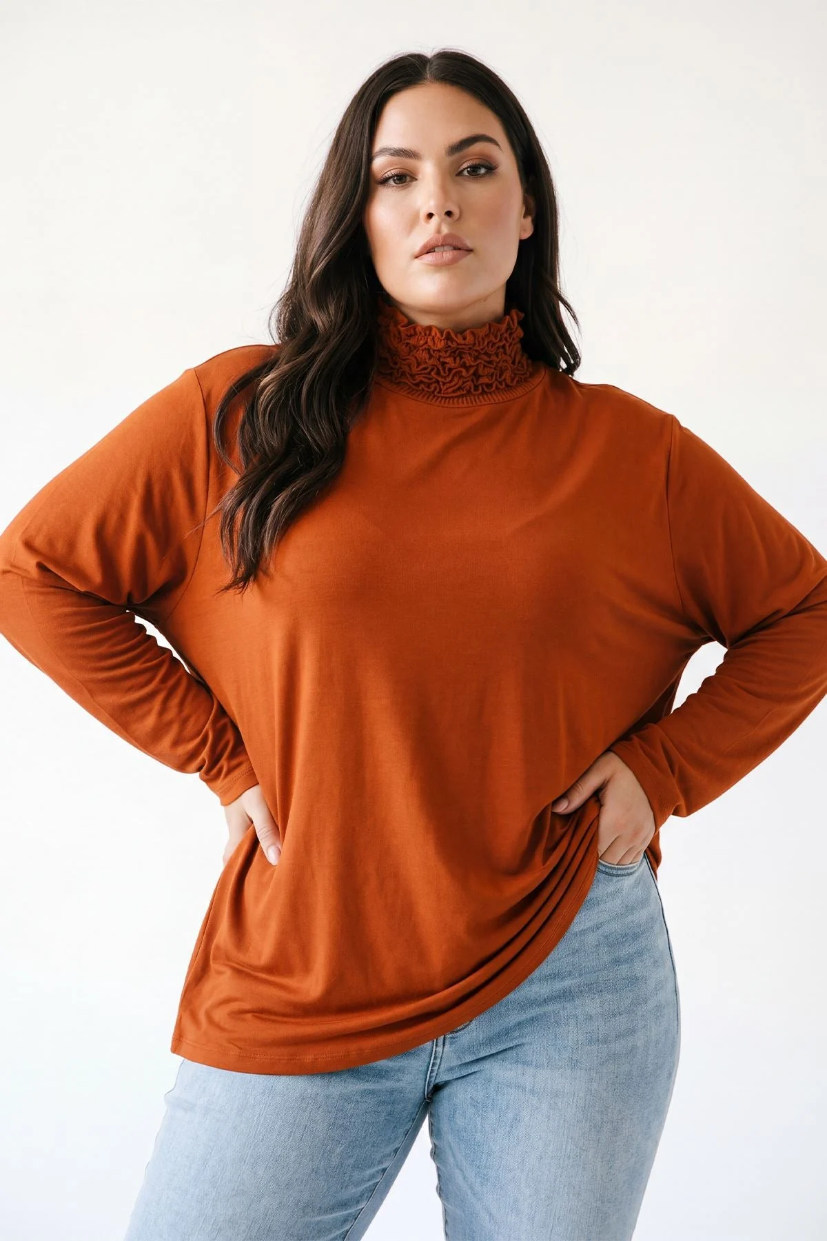 Frilly Ruched High Neck Top with Long Sleeves