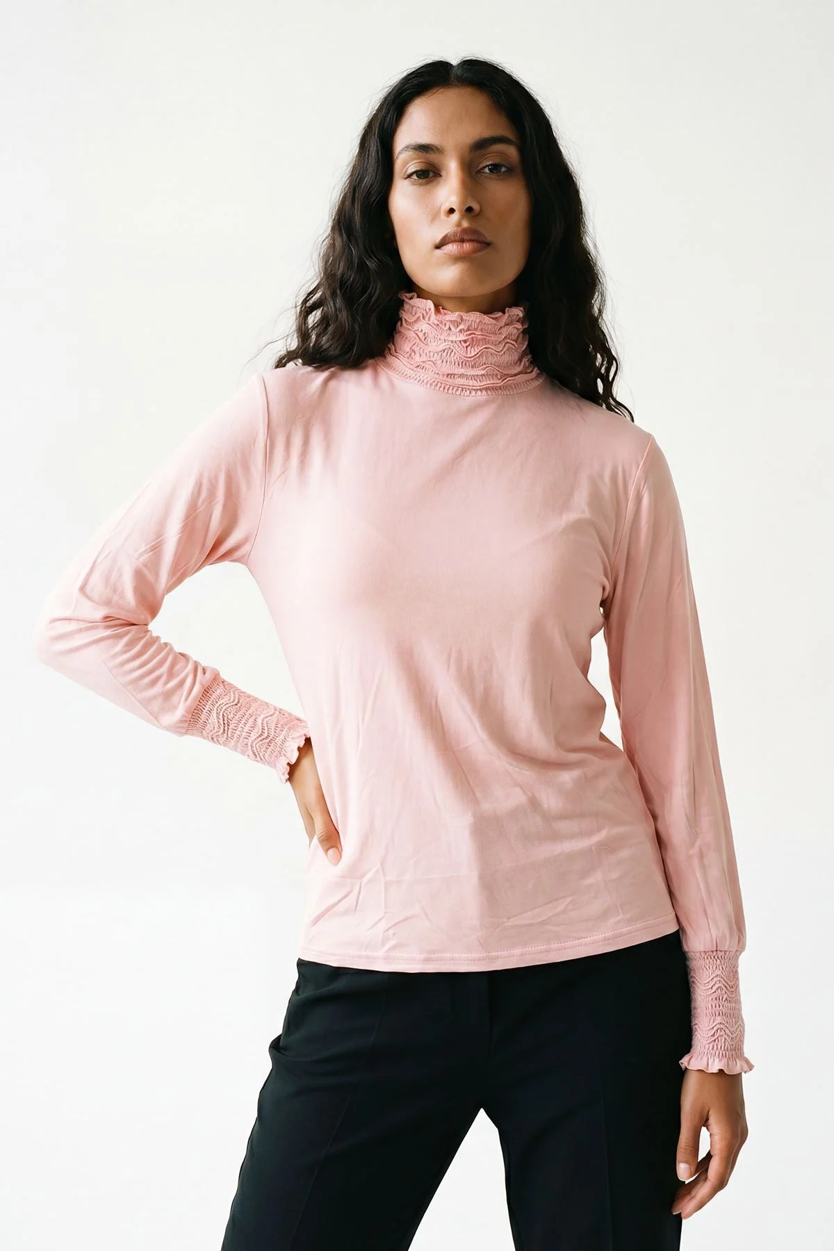 Frilly Ruched High Neck Top with Long Sleeves