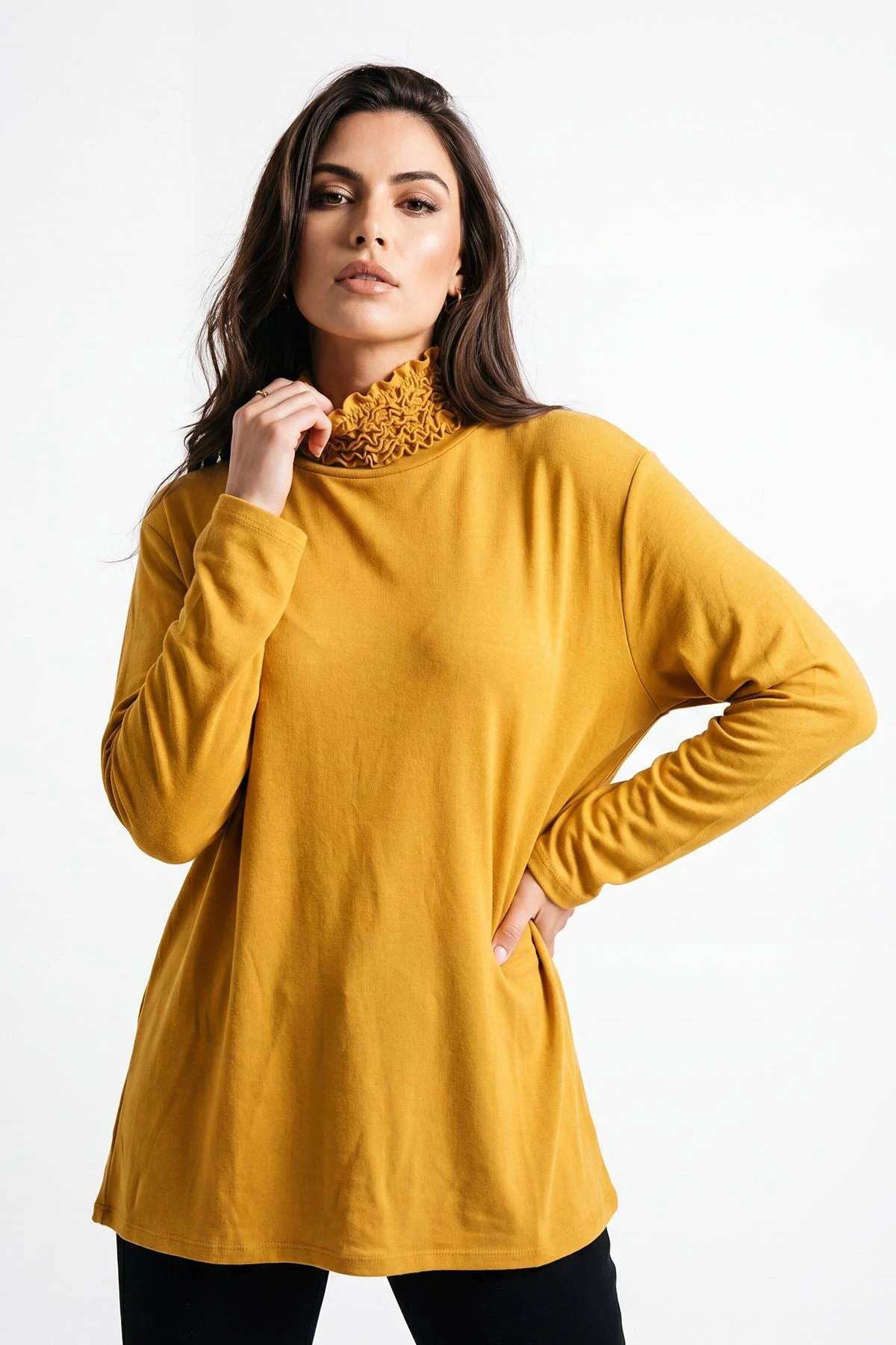 Frilly Ruched High Neck Top with Long Sleeves