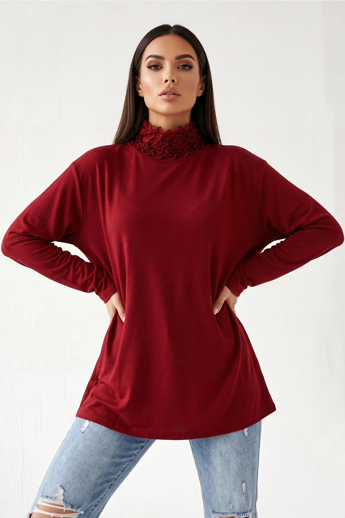 Frilly Ruched High Neck Top with Long Sleeves