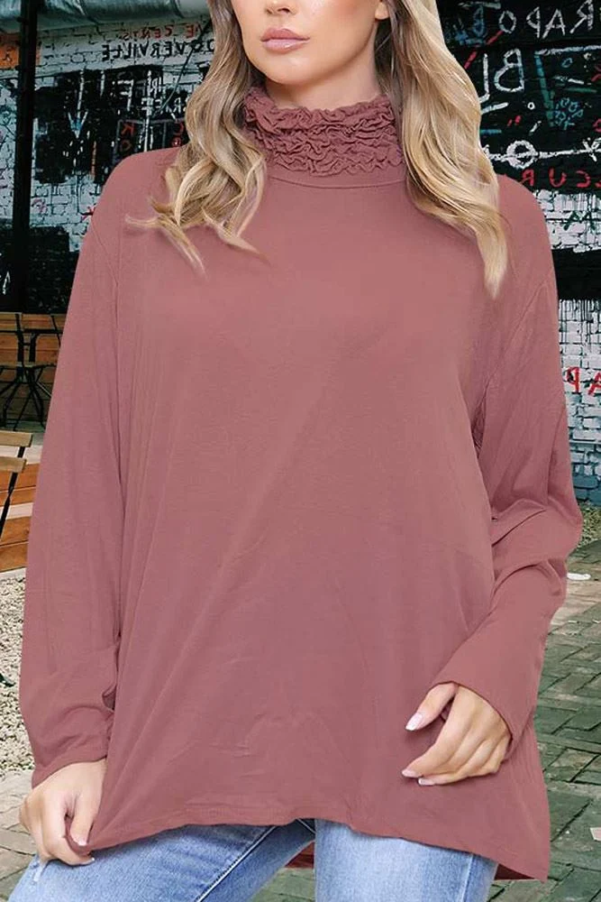 Frilly Ruched High Neck Top with Long Sleeves