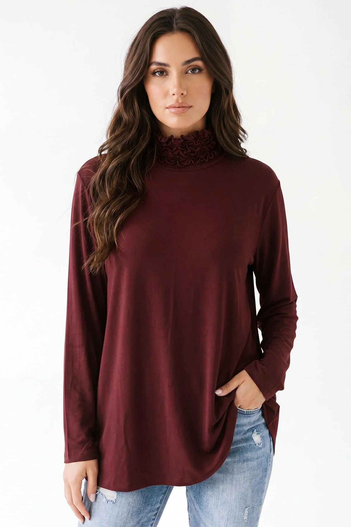 Frilly Ruched High Neck Top with Long Sleeves