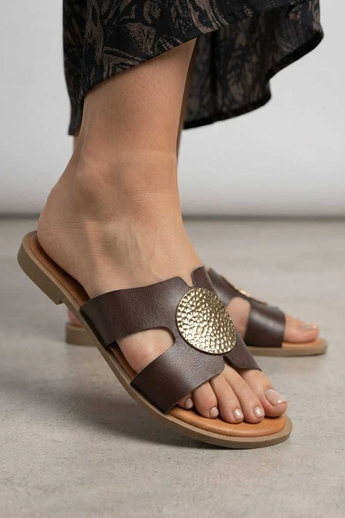 Gold Buckle Cross Strap Womens Flat Slip On Sandals