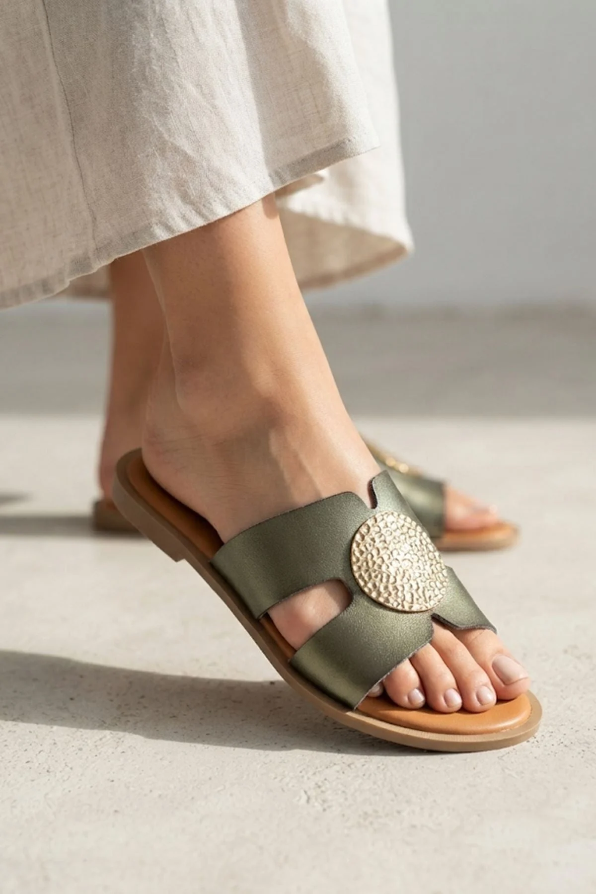 Gold Buckle Cross Strap Womens Flat Slip On Sandals