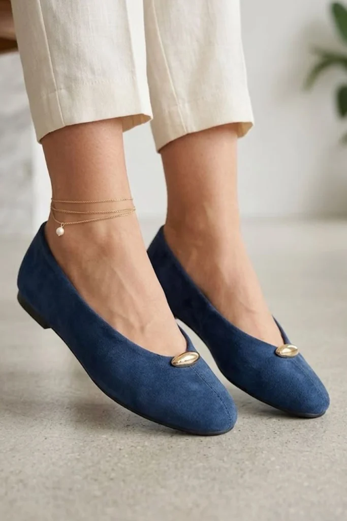 Gold Trim Suede Flat Ballet Shoes