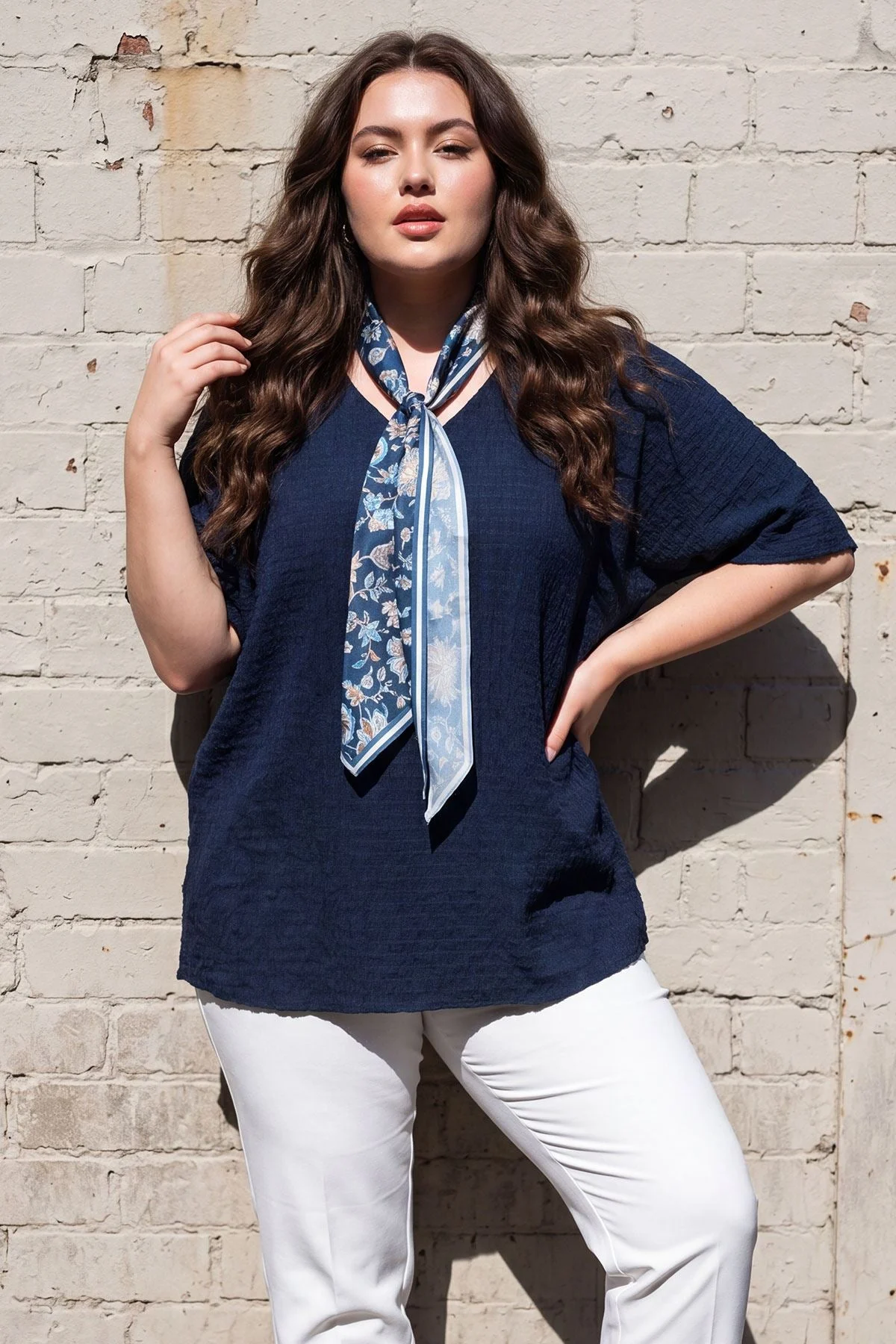 Italian Crinkle Texture Ladies Tunic with Matching Floral Scarf