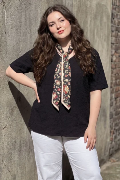 Italian Crinkle Texture Ladies Tunic with Matching Floral Scarf