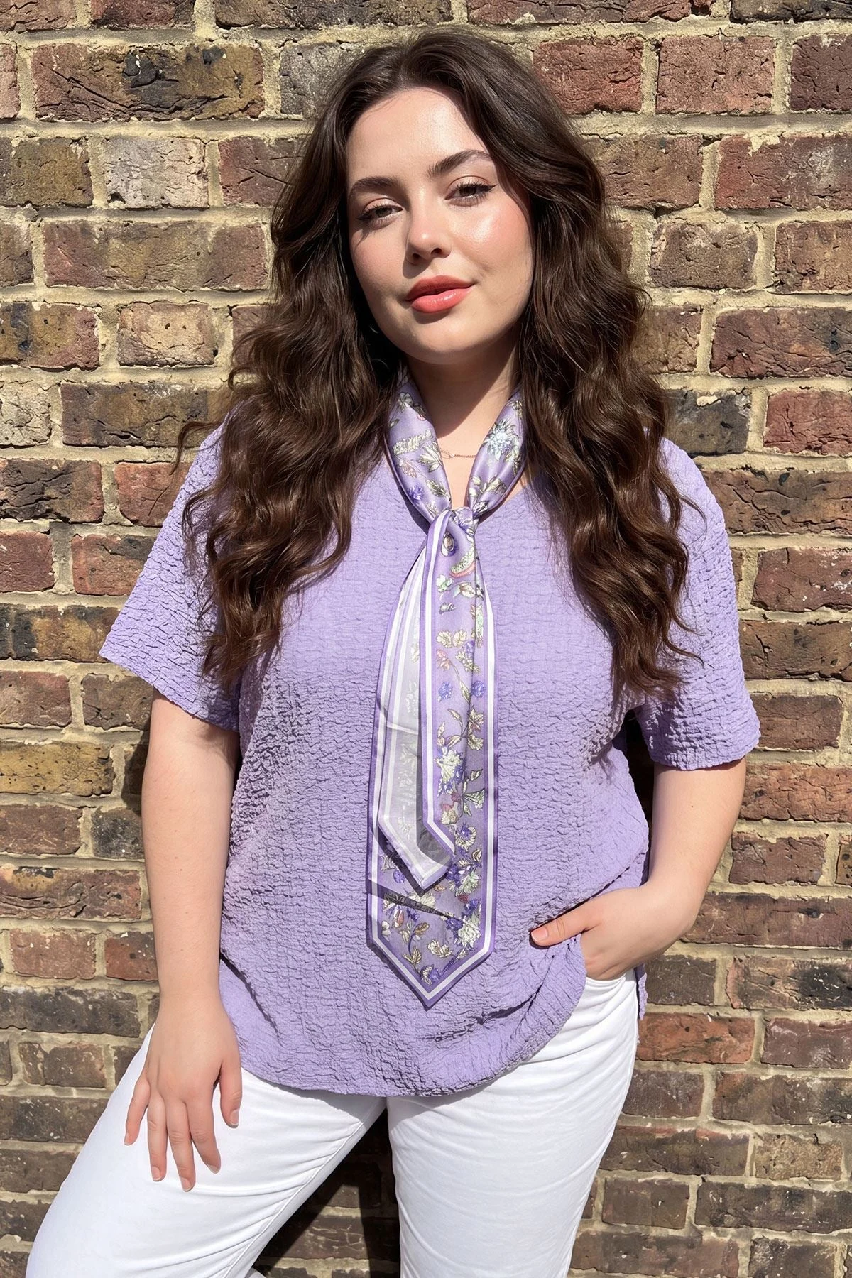 Italian Crinkle Texture Ladies Tunic with Matching Floral Scarf