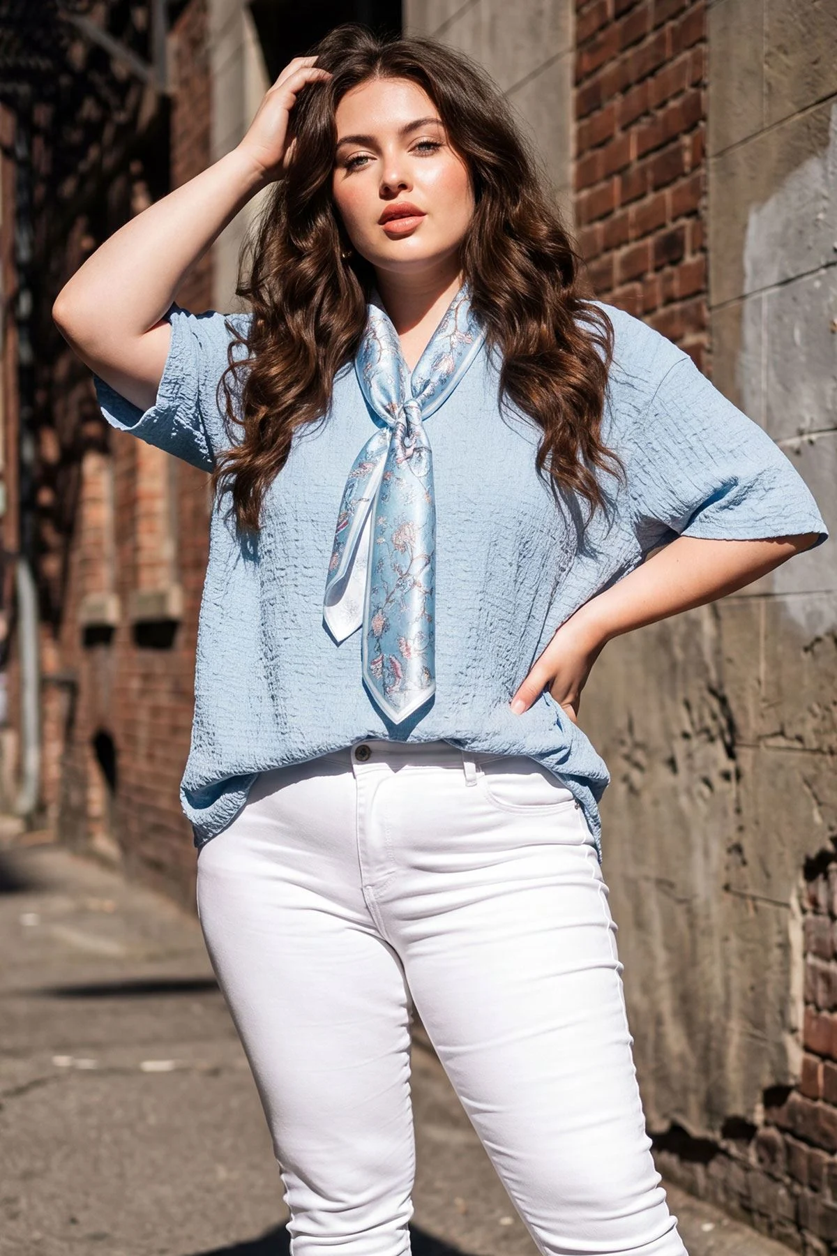 Italian Crinkle Texture Ladies Tunic with Matching Floral Scarf