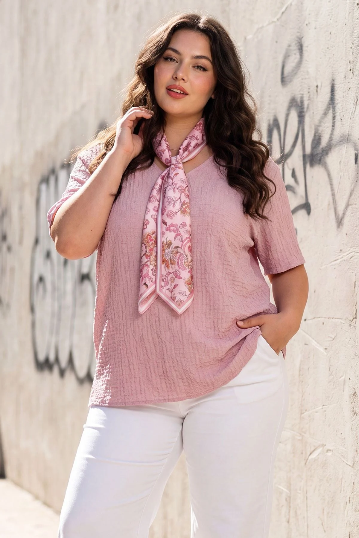 Italian Crinkle Texture Ladies Tunic with Matching Floral Scarf