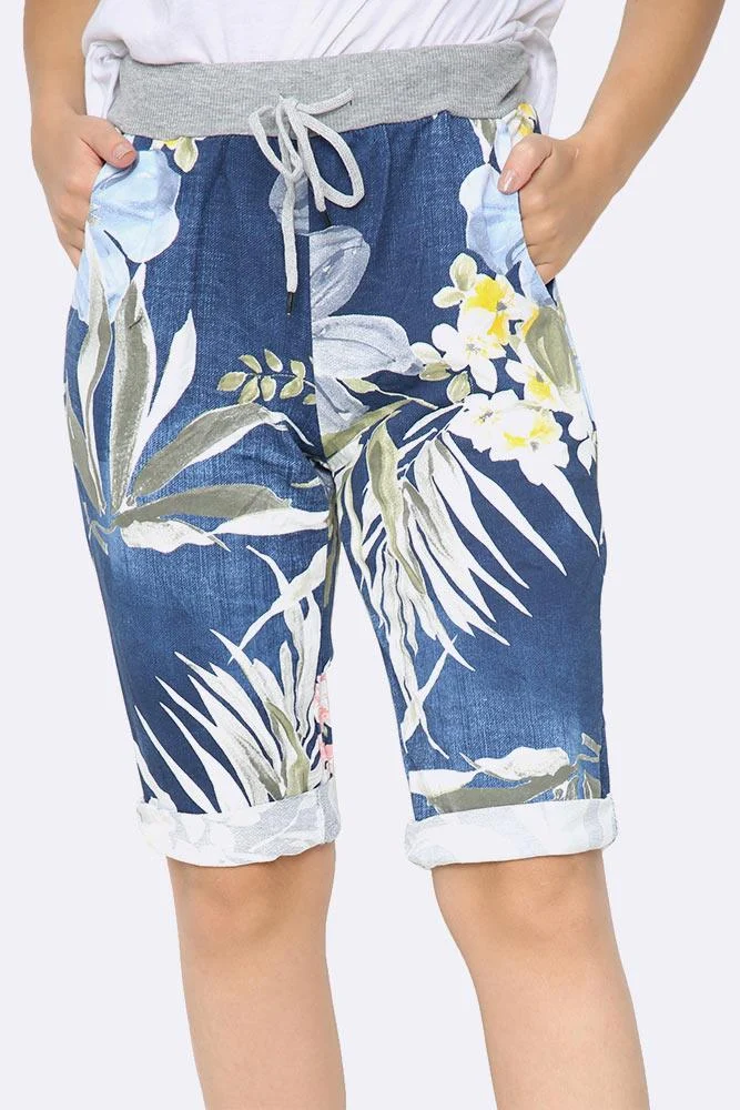 Italian Floral Denim Print 3/4 Floral Print Trousers